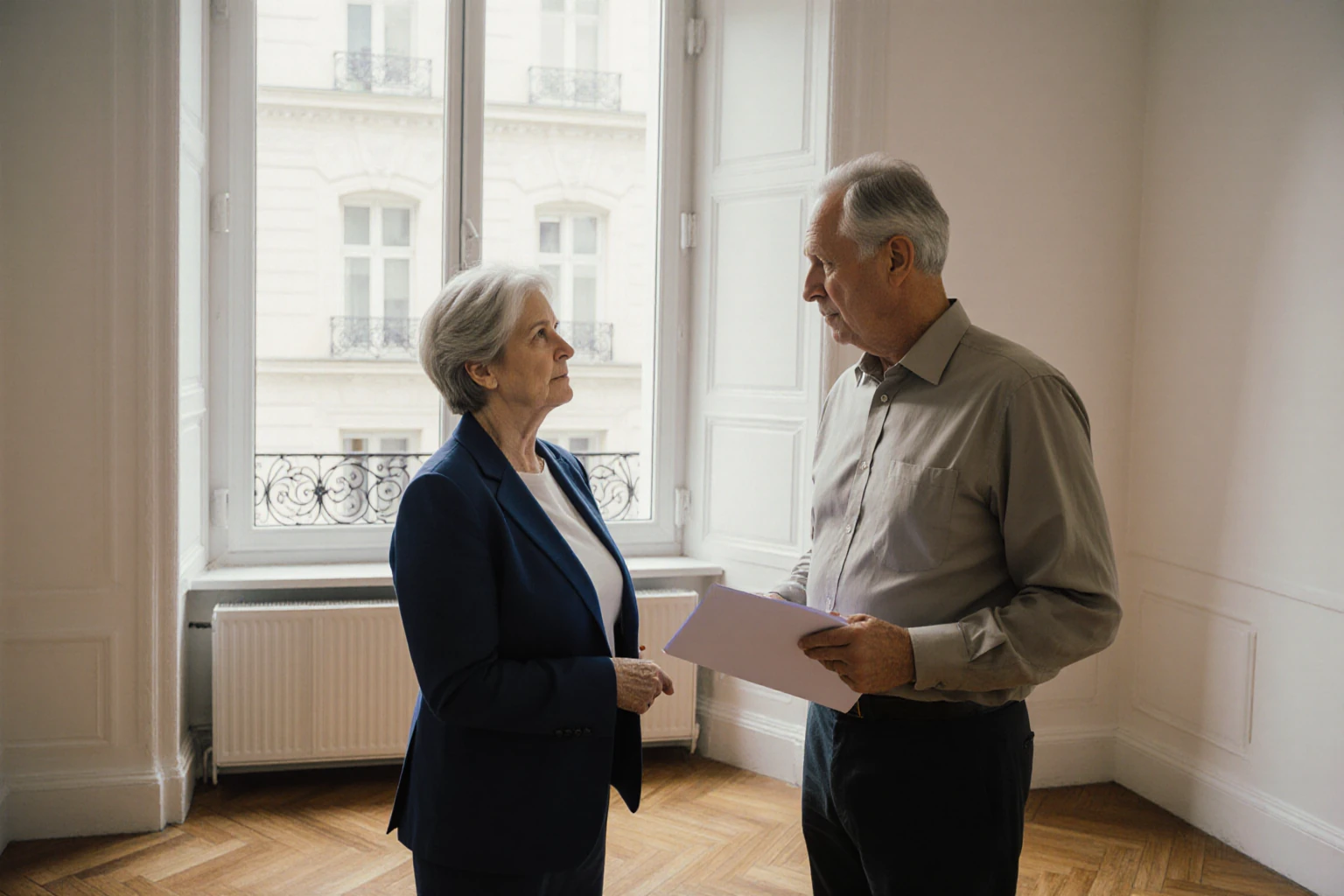 Zwei Personen bei der Besichtigung einer hellen Altbauwohnung